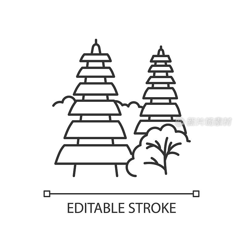 Pura tanah lot寺庙在巴厘岛线性图标。印度尼西亚和宗教场所。有草屋顶的印度教寺庙。细线说明。轮廓的象征。矢量孤立轮廓绘制。可编辑的中风